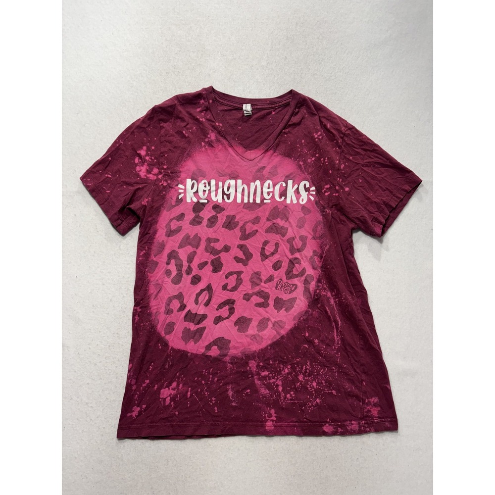 Bella + Canvas Shirt Womens Large Pink Roughnecks Leopard Graphic V Neck Tee